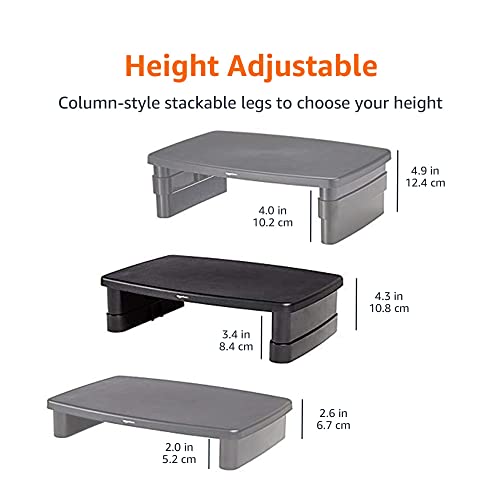 Amazon Basics Height Adjustable Rectangular Computer Monitor Riser Desk Stand with Storage for Reduced Neck Strain - Fits Monitors, Laptops Up to 22lbs, Black