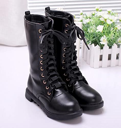 DADAWEN Kid's Girls Leather Lace-Up Zipper Mid Calf Combat Riding Winter Boots (Toddler/Little Kid/Big Kid) White US Size 13 M Little Kid