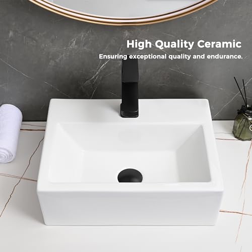 DELAVIN 16"x12" in Modern Bathroom Vessel Sink, White Ceramic Bathroom Sink, Rectangle Above Countertop Bathroom Vessel Sink, Ceramic Rectangular Bathroom Vessel Sink With Faucet Hole
