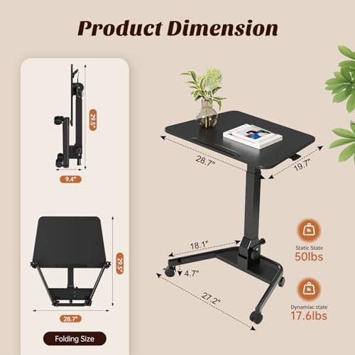 JYLH JOYSEEKER Foldable Mobile Standing Desk, Pneumatic Height Adjustable Rolling Sit Stand Desk, 90° Tiltable Portable Laptop Desk on Wheels, Mobile Desk Workstation for Home Office, Easy to Fold