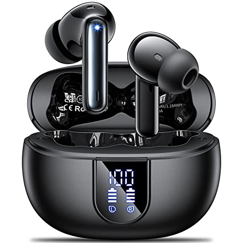 Wireless Earbuds, 2024 Wireless Headphones HiFi Stereo Earphones with 4 ENC Noise Canceling Mic, 42Hs Playtime In Ear Earbud, Bluetooth 5.3 Sport Earphones with LED Power Display for Android iOS Black