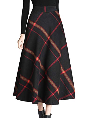 Tanming Women's Winter Warm Elastic Waist Wool Plaid A-Line Pleated Long Skirt (Black2-XS)
