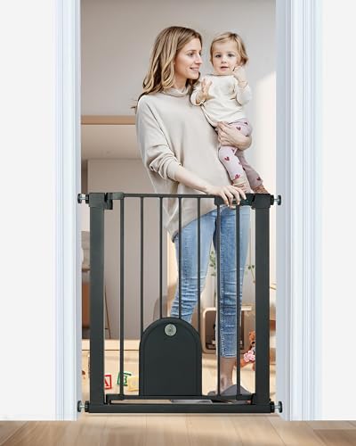Newnice 26.7-29.5'' Narrow Baby Gate with Cat Door, Auto Close & Easy Walk Thru Dog Pet Gates for Stairs, Doorway, House, Pressure Mounted Safety Child Gate Includes 4 Wall Cups, NO Extensions, Black