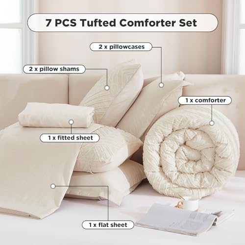 Andency Bed in a Bag Queen Beige- 7 Pieces Queen Comforter Set Beddding Comforter Sets, Tufted Lightweight Fluffy Bed Set with Comforter, Sheets, Pillowcases & Shams for All Season