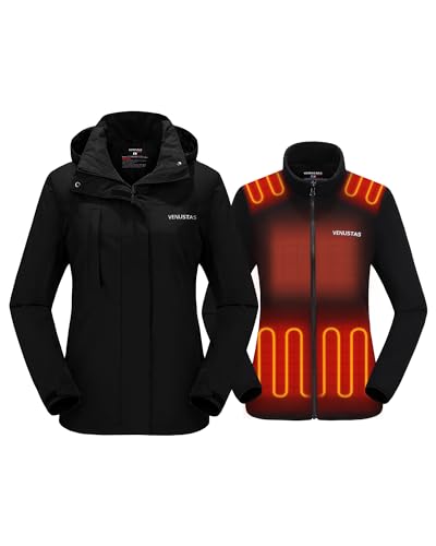 Venustas Women’s 3-in-1 Heated Jacket with Battery 7.4V, Electric Fleece Jacket & Waterproof Ski Coat with Hood for Outdoor