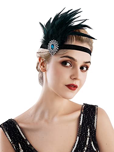 SWEETV Flapper Headband 1920s Headpiece Rhinestone Feather Hair Band Great Gatsby Headpiece for Women,Black