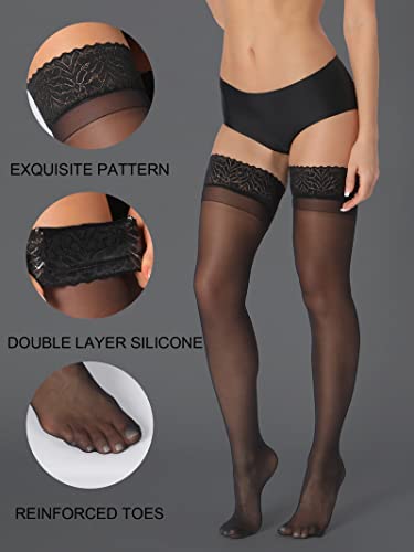 HONENNA Sheer Thigh High Stockings, 17+ Colors Stay Up Lace Top with Anti-Slip Silicone for Women, 1 Pair (Tan, C)