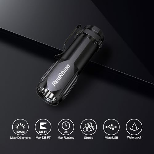 REDRHINO Small LED Flashlight 4 Pack, Rechargeable EDC Compact Pocket Lights, 400 Lumens Mini Flash Light with Clip, Bright Little Flashlights for Home, Emergency, Camping, Outdoor 2B2G