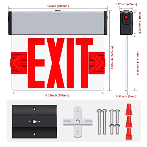Red Led Edge Lit Exit Sign UL Listed, Brushed Aluminum Housing Double-Sides Mirrored Acrylic Emergency Exit Signs with Battery Backup, AC 120-347V Hardwired Exit Lights, Top/Side/Wall Mount (1 Pack)
