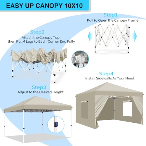 RHOLUTA 6.5x6.5 Pop Up Canopy Tent with 4 Removable Sidewalls, Ez Pop Up Outdoor Canopy, Adjustable Waterproof Canopy with Roller Bag, 4 Sand Bags, 4 Ropes and 8 Stakes