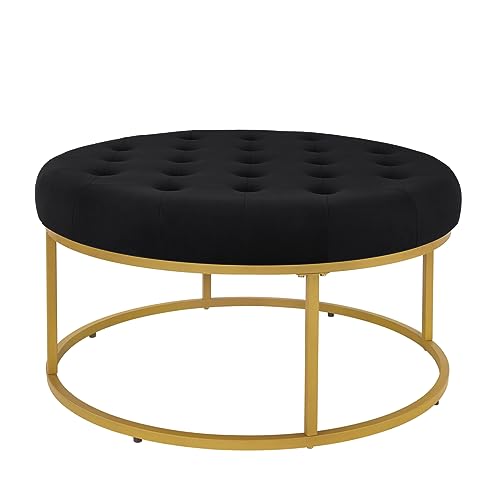 24KF Middle Century Upholstered Tufted Coffee Table with Velvet Padded Seat, Large Round Ottoman with Golden Metal Frame -5090-G-Blush