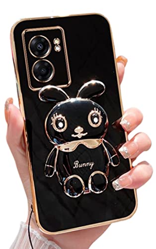 for Oneplus Nord N300 5G Case 3D Cute Cartoon Hidden Rabbit Kickstand Design for Women Girls,Luxury Plating Glitter Soft Silicone Girly Phone Case with Camera Protection Cover for Oneplus N300 Black