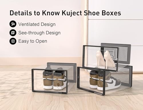 Kuject X-Large Shoe Storage Boxes Organizers Clear Plastic Stackable 4 Pack, Shoe Rack & Holder Substitute, Sneaker Containers, Toy Storage Organizer Bins for Entryway, Closet, Under Bed, Grey