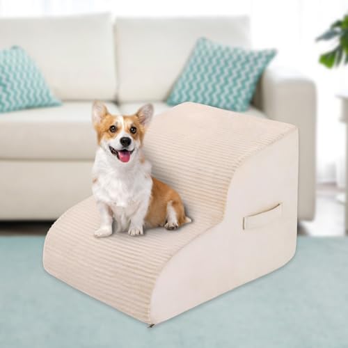 High Density Foam Dog Stairs Steps, 13.7’’ Non-Slip Extra Wide Deep Pet Steps for Beds Or Couches, for Injured or Older Pets Dogs and Cats with Joint Pain, 2-Tiers (Beige)