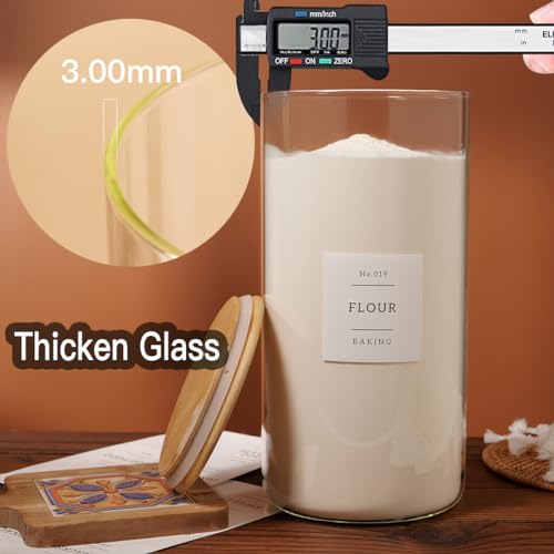 HHMJSM 1.2 Gallon Large Glass Grain Storage Container With Airtight Bamboo Lid - Kitchen Glass Storage Jars With 42 Pantry Labels - Thicken Big Clear Rice and Flour Containers For Your Pantry