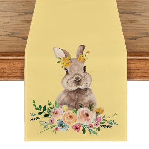 Artoid Mode Easter Bunny Easter Table Runner, Seasonal Spring Flowers Holiday Kitchen Dining Table Runner for Home Party Decor 13 x 108 Inch