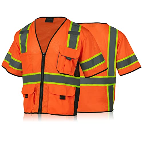 Sicalobo High Visibility Vest with Pockets Zipper for Men Women Construction Vest with Reflective Strips,Orange,L