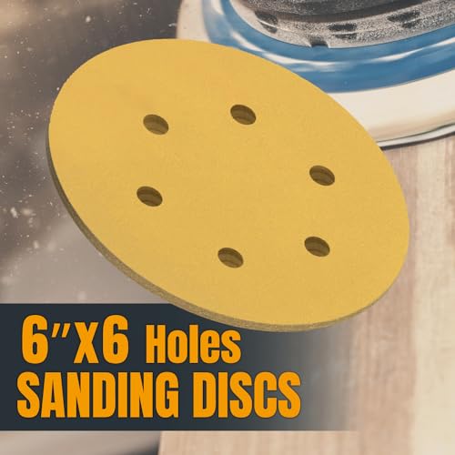 POWERTEC 45206G-50, 60 Grit, 6 Inch 6 Hole Hook and Loop Sanding Discs for Random Orbital Sander, 50PK