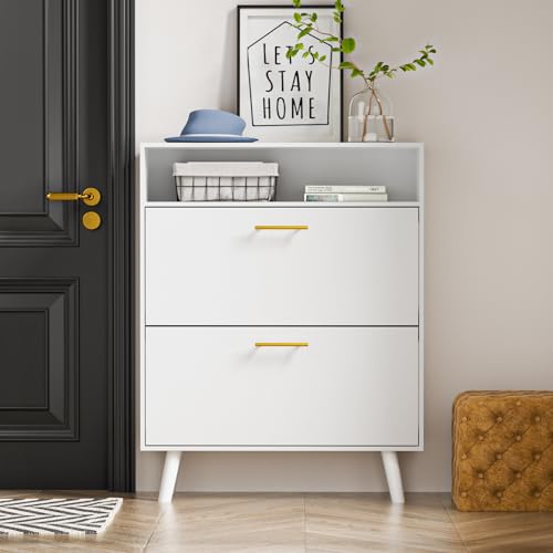 SINROM Shoe Cabinet for Entryway, Slim Shoe Storage Cabinet with 2 Flip Drawers, Freestanding Shoe Organizer with Open Shelf for Hallway, Black