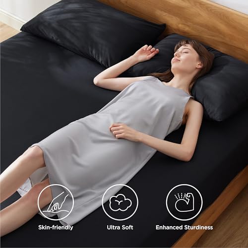 Bedsure Twin Fitted Sheet 2 Pack, Jersey Knit Polyester Twin Sheets, Cozy T-Shirt Soft & Breathable 16" Deep Pocket Sheets for Twin Bed, Wrinkle Free with 1 Pillowcase, Black(39" x 75")(No Flat Sheet)