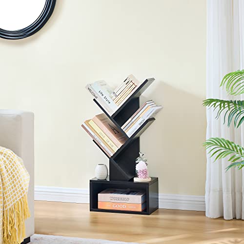 Hoctieon 3 Tier Tree Bookshelf, Small Bookcase with Drawer, Desktop Book Shelf, Display Floor Standing Storage Shelf, Book Organizer Shelves for Home Office, Black