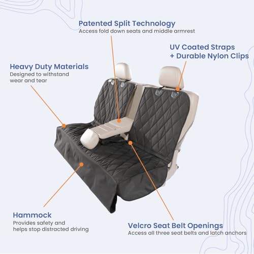4Knines Dog Seat Cover with Hammock for Fold Down Rear Bench Seat 60/40 Split and Middle Seat Belt Capable - Heavy Duty - Black Extra Large - for Full Size Trucks and Large SUVs