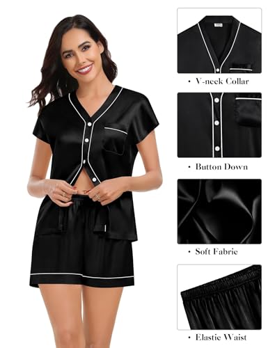 SWOMOG Womens 3 Piece Silk Pajamas Set Short Sleeve Loungewear with Long Pant Comfy Satin Holiday Lounge Sets Navy Blue