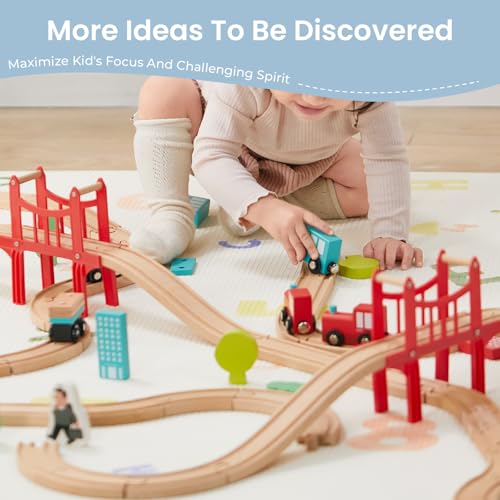 Tiny Land Wooden Train Set for Toddler - 39 Pcs- with Wooden Tracks Compatible with Major Brands - Expandable, Changeable-Train Toy for 3 4 5 Years Old Girls & Boys