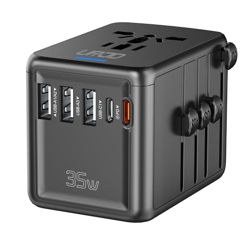 URJD Universal Travel Adapter 35W PD Fast Charging Offers 3X2.4A USB-A Ports, 2X USB-C Ports and Multi AC Outlet, International Plug Converter Worldwide Travel Charger All in One for EU US UK AUS