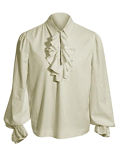 Bbalizko Mens Pirate Shirt Ruffle Victorian Renaissance Steampunk Vampire Poet Shirts Gothic Medieval Costume Beige