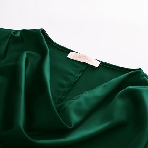 Belle Poque Black Satin Tops for Women Long Sleeve Cowl Neck Silk Peplum Blouse Dressy Elegant S