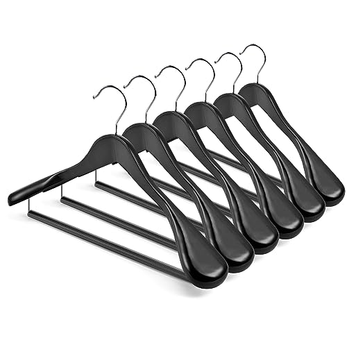 HOUSE DAY Wide Shoulder Wooden Hangers, Wood Suit Hangers with Non Slip Pant Holder, Heavy Duty Coat Hanger for Closet, Wooden Clothes Hanger for Suits, Coats, Jackets, Shirts (6 Pack, Black)