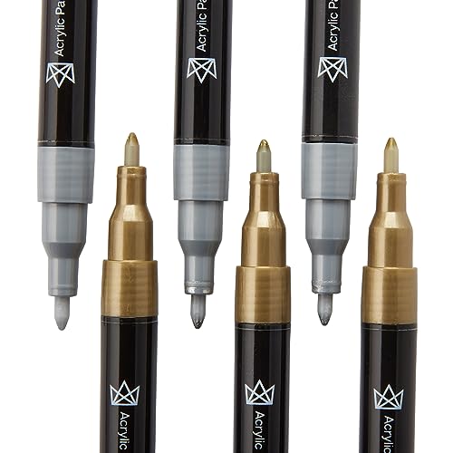 KINGART 453-6B PRO Extra Fine Pt. Metallic Gold & Silver Paint Pens, 0.7mm Tip, 6 Acrylic Paint Markers, Low-Odor & Quick Drying for Rock, Wood, Metal, Plastic, Glass, Ceramic & More, Set of 6