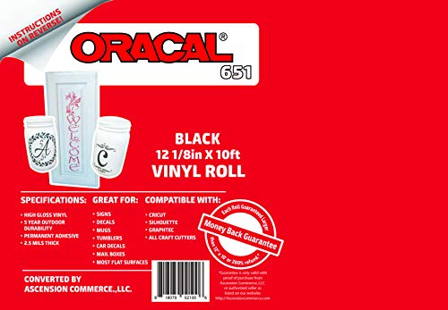 12.125" x 10ft Roll of Oracal 651 Black Craft Vinyl - On a 2.5" Core - Adhesive Vinyl for Cricut, Silhouette, and Cameo Cutters - Gloss Finish - Outdoor and Permanent