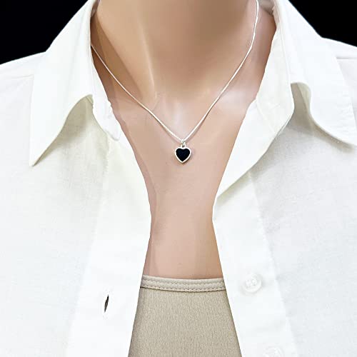 Black Heart Necklace, Tiny and Dainty Sterling Silver Black Onyx Heart Necklace for Women, Black Onyx Pendant Necklace, Layering Necklace (black onyx heart necklace, 14" + 2" extender)
