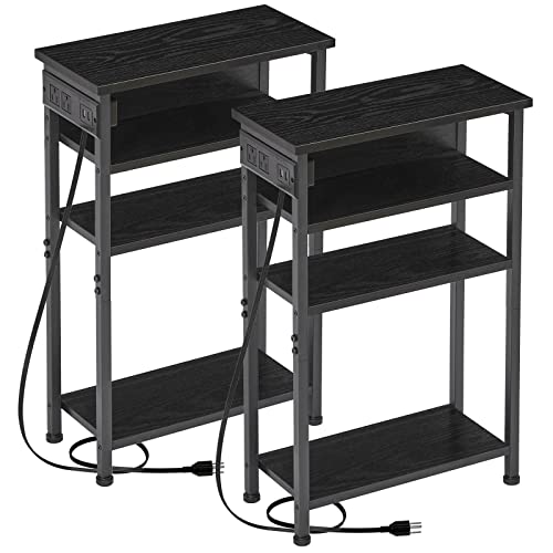 AMHANCIBLE Narrow Side Table with Charging Station, End Table for Small Spaces, Skinny Nightstand with Storage Shelf, Narrow End Table with USB Ports, Black HETN04BK