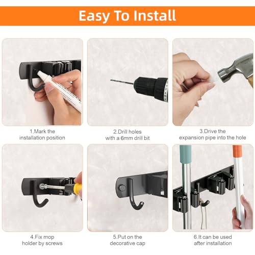 CUXIXA Mop and Broom Holder Wall Mount, Upgraded Broom Organizer Wall Mount, Stainless Steel Broom Hanger Wall Mount for Kitchen Garden Laundry Room Decor (3 Racks with 4 Hooks Black)