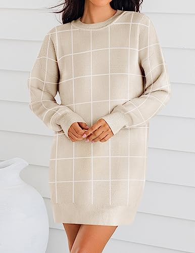 ZESICA Women's Casual Long Sleeve Tunic Sweater Dress Crew Neck Plaid Knit Oversized Pullover Jumper Tops,Taupe,Small