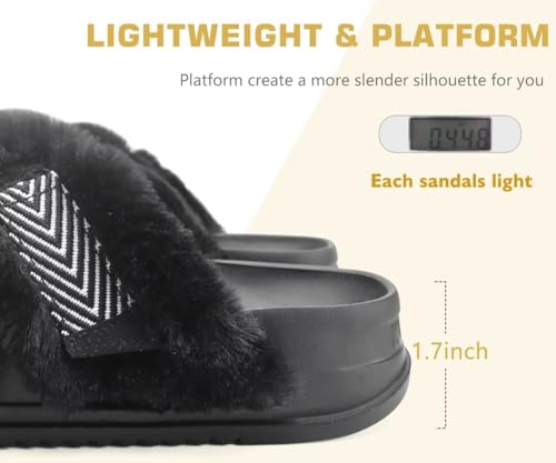 KuaiLu Women's Fuzzy Criss Cross Band Platform Slippers Comfortable Furry Faux Fur Ladies Open Toe Orthotic Arch Support Slides Sandals Plantar Fasciitis Slip on House Shoes Indoor Outdoor Beige 6