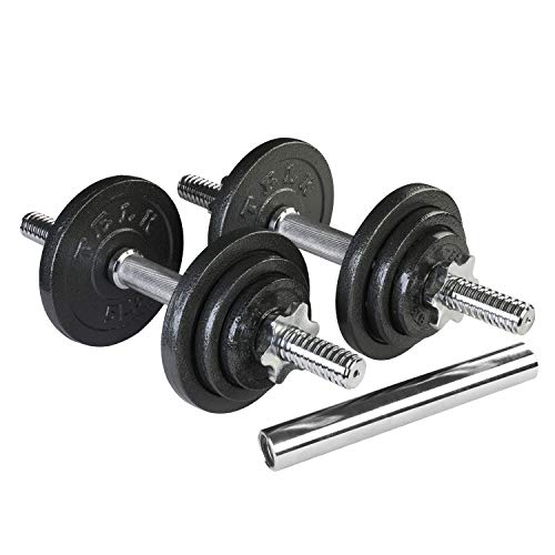 TELK – Adjustable Dumbbell Set 45lb (22.5lb x 2) + Chrome Barbell – Home Gym Weight Set with Baked Enamel Cast Iron Plates – Space-Saving Free Weights for Strength Training