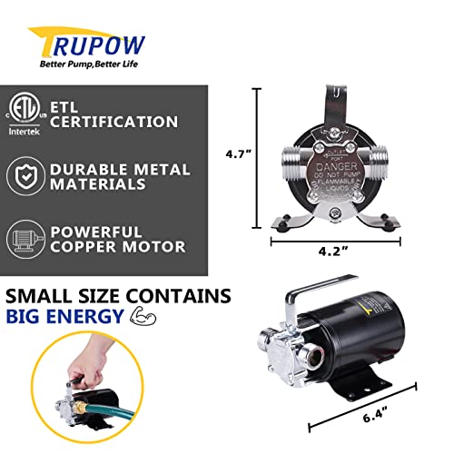 Trupow DC 12-Volt 1/10HP 330GPH Battery Powered Mini Portable Electric Utility Sump Transfer Water Pump with Water Hose Kit Black…
