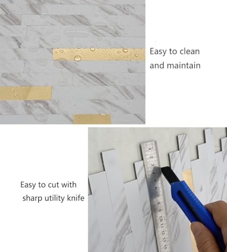 weimeisc 10-Sheet Peel and Stick Backsplash Tile, PVC Mixed Metal Stick on Backsplash Tiles for Kitchen (10, White Stone+Metal Gold)