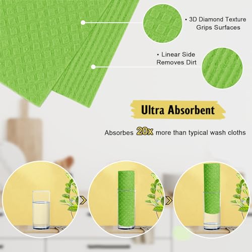 MoLKENE Swedish Dishcloths for Kitchen | 6 Pack Absorbent Cellulose Sponge Cloths Washable | Non-Scratch Reusable Paper Towels Quick Drying Cleaning Cloths - Green
