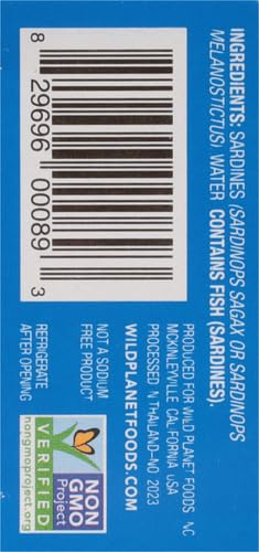 Wild Planet Wild Sardines in Water, No Salt Added, Tinned FIsh, Sustainably Wild-Caught, Non-GMO, Kosher, Gluten Free, Keto and Paleo, 4.4 Ounce, Single Unit