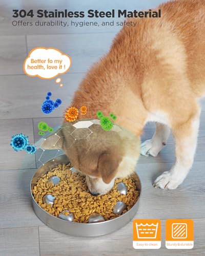 Oiwliur Slow Feeder Dog Bowls - Stainless Steel Non-Slip Metal Slow Feeding Bowl Suitable for Dry, Wet, or Raw Food, 5 Cups Large Capacity Dog Bowl, Double-Sided Design Ideal for All Dog Sizes