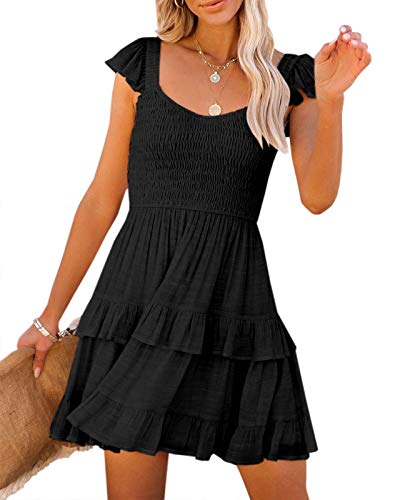 Women Summer Dresses Casual Boho Smocked Ruffle Sun Beach Babydoll Mini Dress Layered Flowy Swing Dress Purple