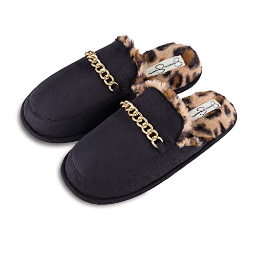Jessica Simpson Women’s Plush Scuff Slipper House Shoe with Memory Foam and Anti-Skid Sole, Black Chain, Small