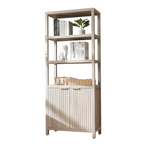 OAKHAM HOME Oxford Bookshelf, Tall Book Shelf with Doors Cabinet, 5-Tier Bookcase, Large Wooden Bookshelves with Fluted Panel, Bookcases with Storage for Living Room, Bedroom (Gray Oak)