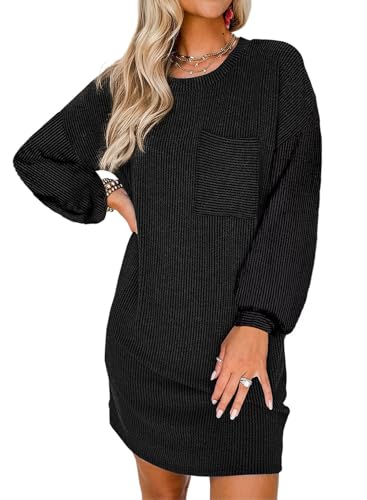 Acelitt Women's Casual Fall Dresses 2024 Fashion Crewneck Long Sleeve Loose Beach Ribbed Shift Mini T Shirt Dress Apricot Small