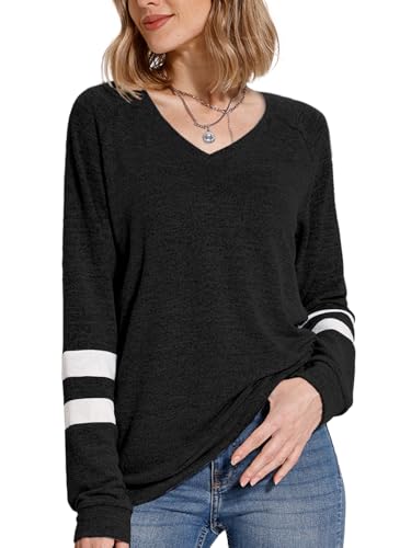 MixShe Womens Tops Fall Fashion 2025 Sweatshirt for Women Sweaters V Neck Long Sleeve Shirts Trendy Clothes Ladeis Blouses Dressy Casual Tunics to Wear with Leggings Black Small
